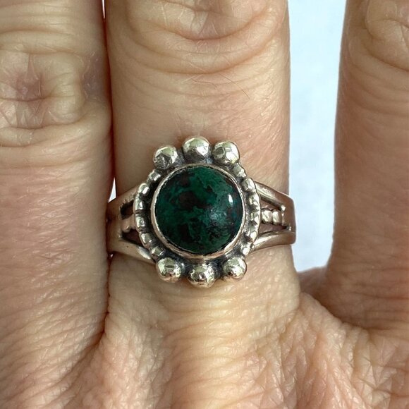 VTG Sterling Silver 925 Southwest Round Chrysocolla Split Shank Ring Sz 7.25 - Picture 1 of 16